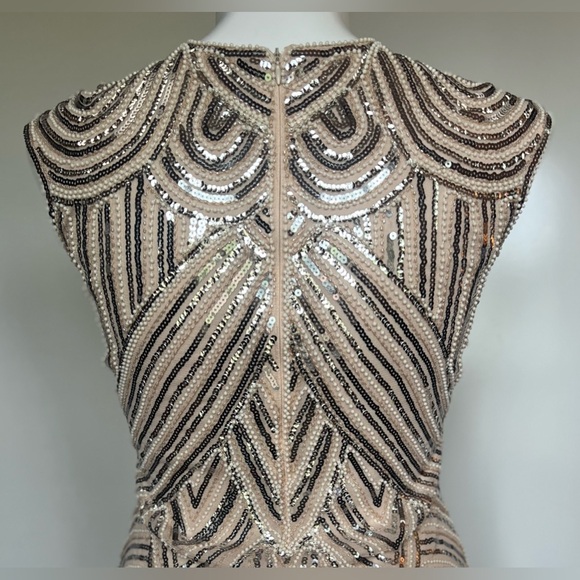 Dazzling Beige And Silver Fringed Beaded Flapper Dress 100% Polyester Size M - Picture 6 of 13